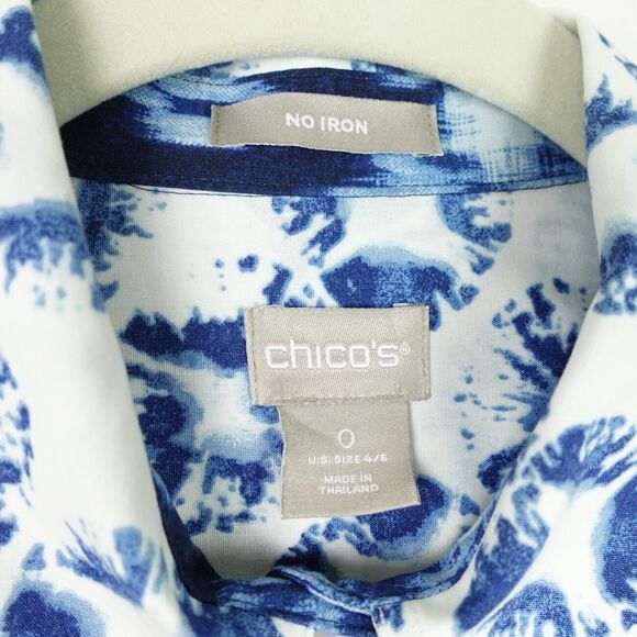 Chicos Long Sleeved Tunic Top Womens Size 0 U.S. 4/6 White w/ Blue Shell Print - Picture 5 of 11